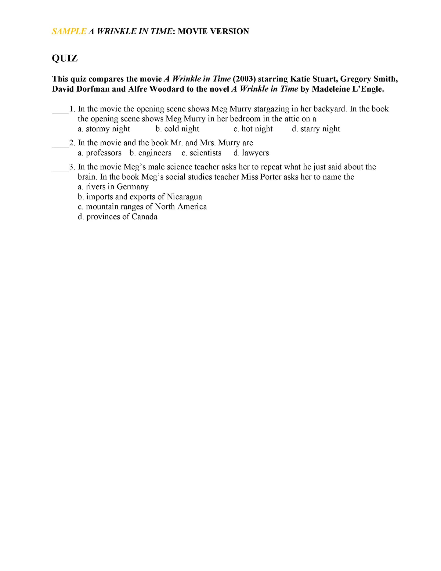 A Wrinkle in Time: Movie Version