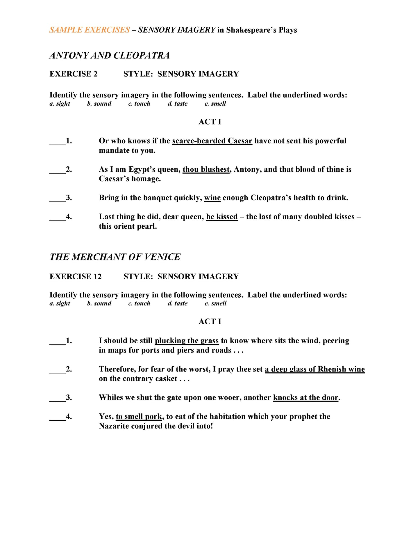 Sensory Imagery in Shakespeare's Plays